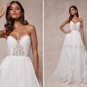 LULU's Bridal Wedding Floral Embroidered Elegant Strapless Bustier Aline Gown